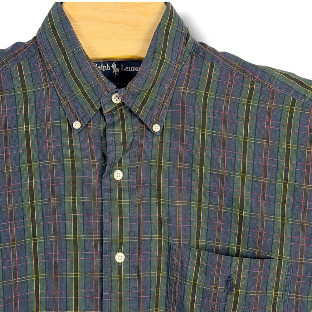 Vintage Ralph Lauren Button Down Men M Green Plaid Blaire Fit Shirt Pony Pocket
